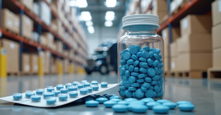 Blaue Tabletten im Vordergrund und ein Lager im Hintergrund