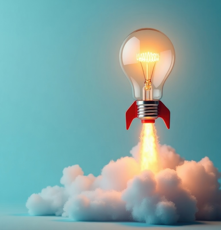 eine Glühbirne startet als Rakete vor blauem Hintergrund